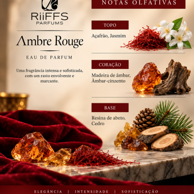Descrição do perfume Ambre Rouge com notas olfativas e elementos naturais associados.