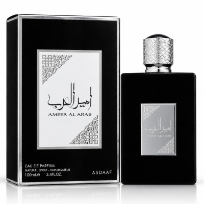 Frasco de perfume preto com rótulo prateado e caixa preta ao lado