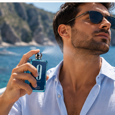 Homem a aplicar perfume num frasco azul com número 9 perto do mar