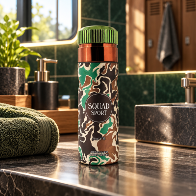 Frasco de spray corporal camuflado com tampa verde metálica num balcão de mármore de casa de banho