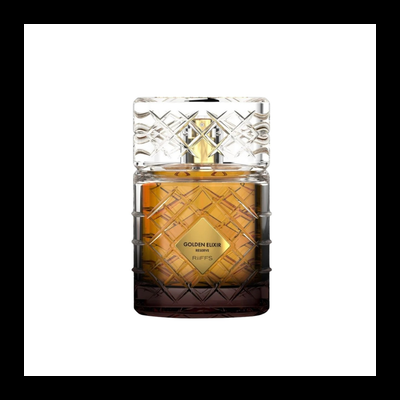 Frasco de perfume com design recortado, líquido âmbar e rótulo dourado