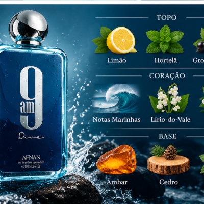 Frasco de perfume azul 9 am Dive com gotas e ingredientes naturais ao fundo