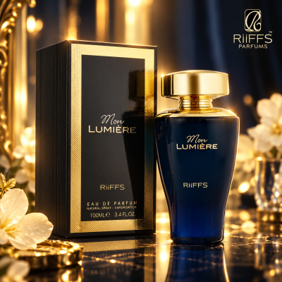 Frasco de perfume azul escuro com tampa dourada e embalagem preta dourada Mon LUMIÈRE RiiFFS