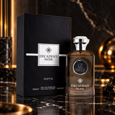 Frasco de perfume Decadent Noir RiiFFS com embalagem preta luxuosa