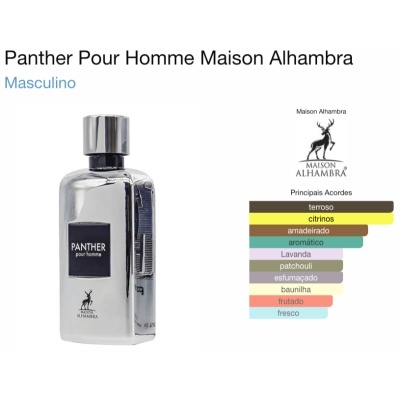 Frasco de perfume masculino Panther Pour Homme da Maison Alhambra com lista de aromas principais.