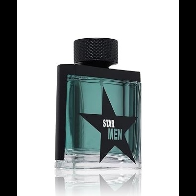 Frasco de perfume masculino STAR MEN com líquido verde e tampa preta