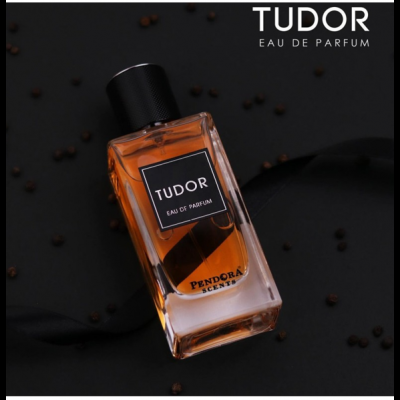 Frasco de perfume Tudor sobre fundo preto com grãos pequenos