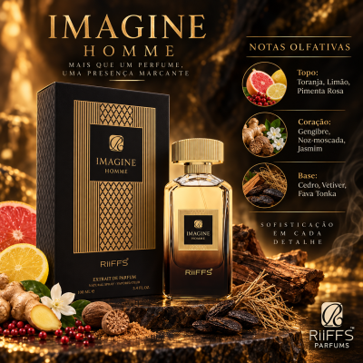Perfume IMAGINE HOMME com embalagem preta e dourada e ingredientes naturais ao redor.