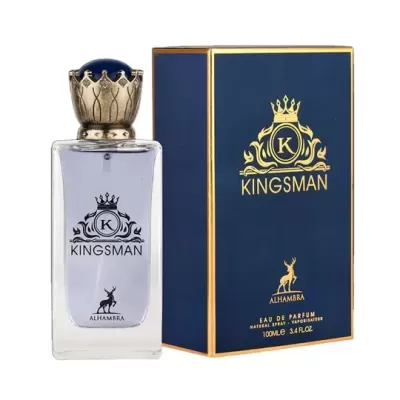 Frasco transparente de perfume Kingsman ao lado da sua caixa azul escura com detalhes dourados.