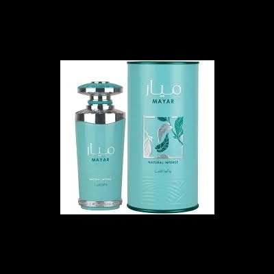 Frasco de perfume azul-turquesa com embalagem cilíndrica ao lado