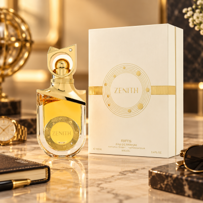 Frasco e caixa de perfume ZENITH dourados e brancos numa mesa de mármore elegante