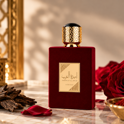 Frasco de perfume vermelho veludo com tampa dourada e etiqueta, rodeado por rosas e elementos decorativos dourados na mesa.