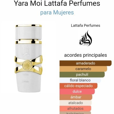 Frasco de perfume branco com detalhes dourados da marca Lattafa e lista de acordes principais.