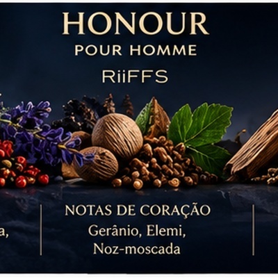 Fragrância masculina HONOUR POUR HOMME RiiFFS com especiarias e folhas verdes sobre fundo escuro