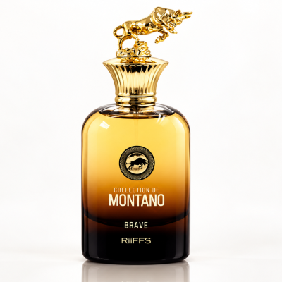 Frasco de perfume âmbar e preto com tampa dourada e escultura de touro