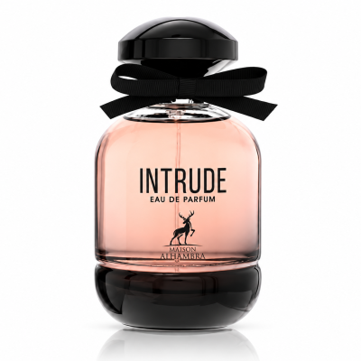 Frasco de perfume rosa claro com tampa preta e fita preta amarrada