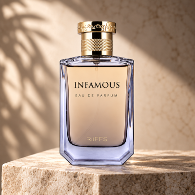 Frasco de perfume INFAMOUS com tampa dourada sobre superfície de pedra