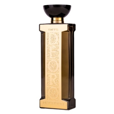 Frasco de perfume dourado e preto com tampa redonda preta