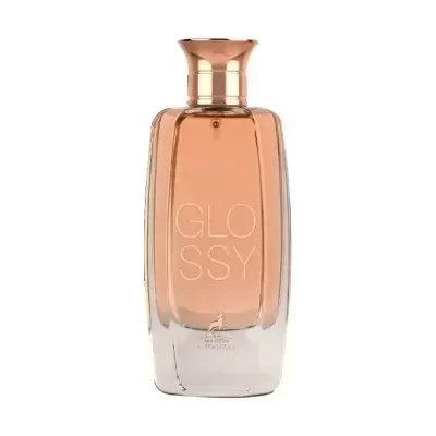 Frasco de perfume âmbar com tampa dourada e texto GLOSSY