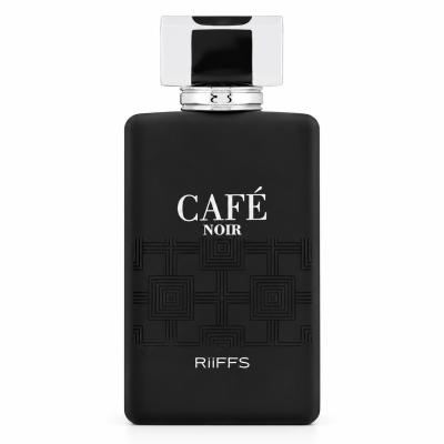 Frasco negro de perfume com tampa prateada e textos CAFÉ NOIR e RiiFFS