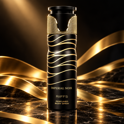 Frasco preto e dourado de spray corporal Imperial Noir da RiiFFS sobre superfície de mármore negro com faixas douradas