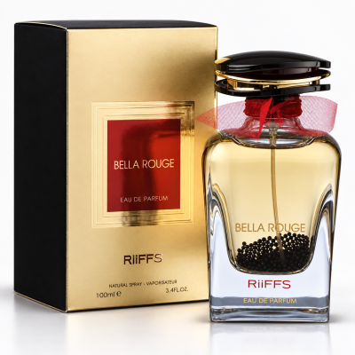 Frasco de perfume Bella Rouge com embalagem dourada e preta