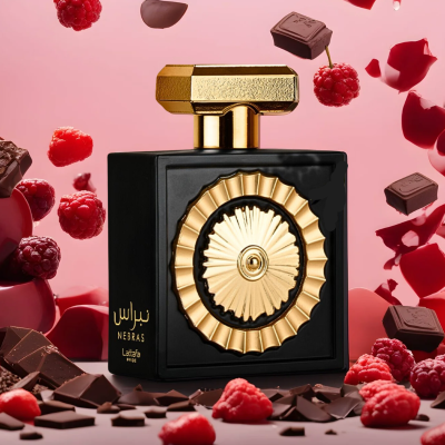 Perfume negro e dourado com framboesas e chocolate