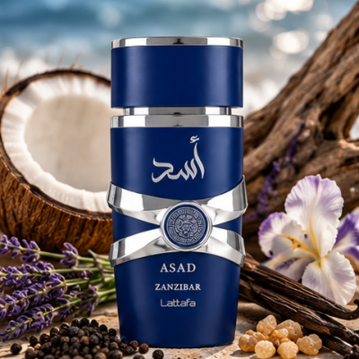 Frasco azul de perfume ASAD ZANZIBAR Lattafa com coco e flores ao redor sobre areia
