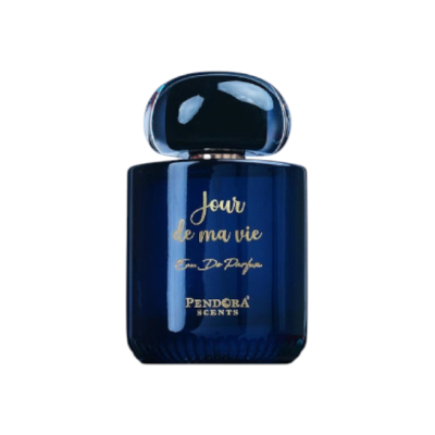 Frasco de perfume azul escuro com texto dourado