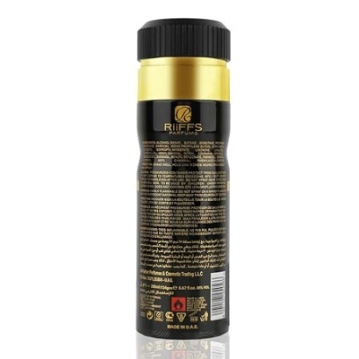 Frasco cylindrical preto e dourado com texto na parte traseira