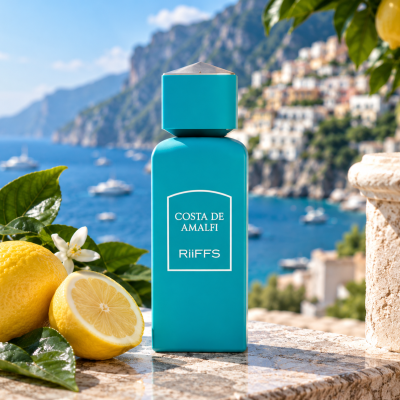 Frasco azul turquesa de perfume com texto Costa de Amalfi e limões frescos num cenário costeiro