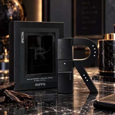 Frasco de perfume preto em formato de letra R ao lado de caixa preta com relevo e texto SPECTRA e RIFFS sobre mesa de mármore.