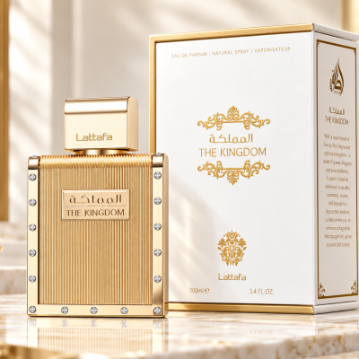 Frasco dourado de perfume THE KINGDOM e embalagem branca ao lado
