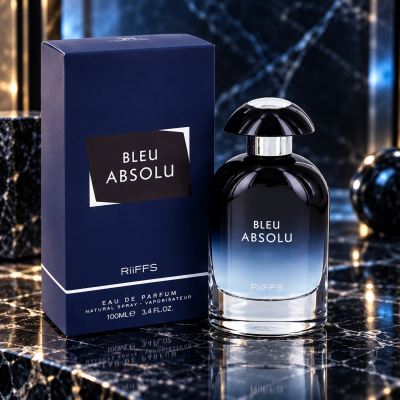 Frasco de perfume e caixa BLEU ABSOLU RiiFFS azul no mármore preto