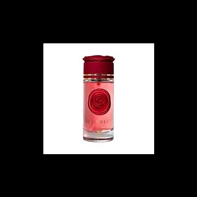 Frasco de perfume rosa com tampa vermelha e selo em forma de rosa