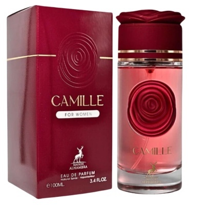 frasco de perfume vermelho Camille para mulheres ao lado da caixa