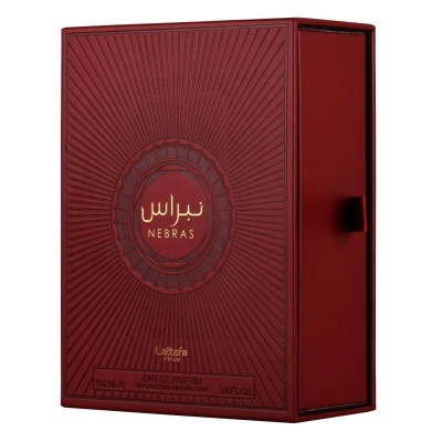 Caixa vermelha escura texturizada com texto 'NEBRAS' e detalhes em dourado