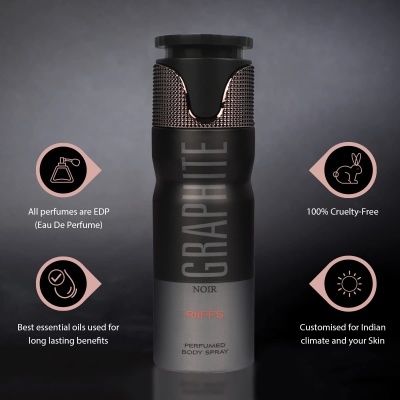 Frasco de spray corporal perfumado preto e cinza com texto GRAPHITE e informações sobre perfume e benefícios