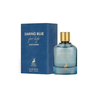 Perfume Daring Blue for life Pour Homme embalado e frasco azul com tampa dourada