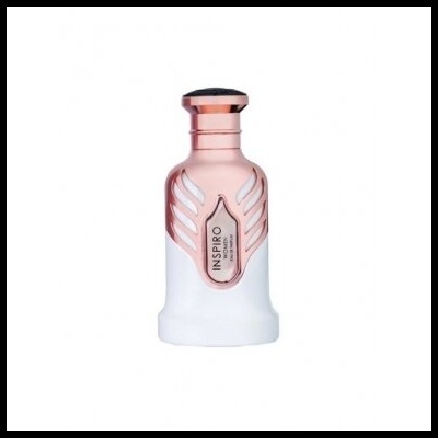 Frasco de perfume cor de cobre e branco com texto INSPIRO.