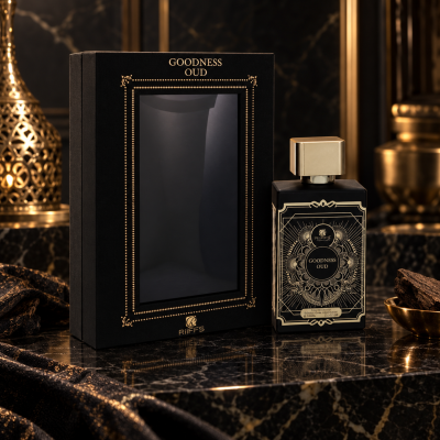 Frasco preto de perfume com tampa dourada e caixa preta com texto GOODNESS OUD