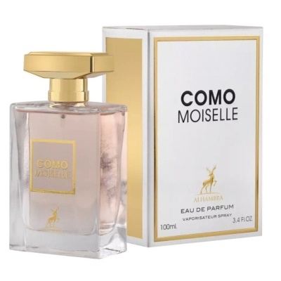 Perfume COMO MOISELLE ALHAMBRA em frasco de vidro com tampa dourada e caixa branca