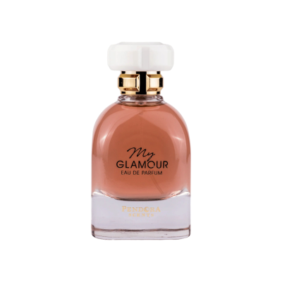 Frasco de perfume My Glamour com líquido rosa e tampa branca