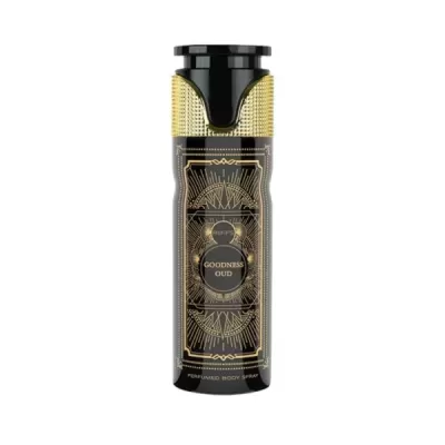Spray corporal perfumado preto com detalhes dourados e texto GOODNESS OUD