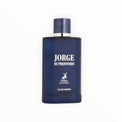 Frasco azul escuro de perfume Jorge Di Profondo com texto e logotipo branco