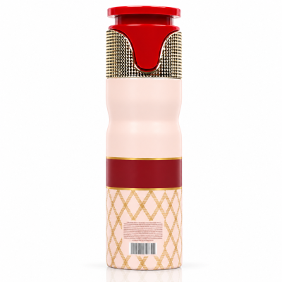 Frasco de cosmético vermelho, rosa claro e dourado com padrão quadriculado