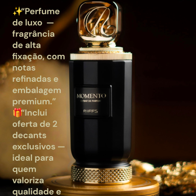 Frasco de perfume preto e dourado MOMENTO sobre pedestal dourado