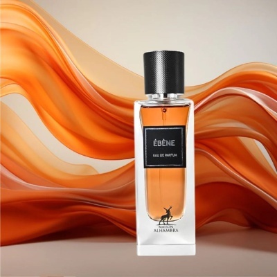 Frasco de perfume ÉBÈNE com fundo ondulado laranja