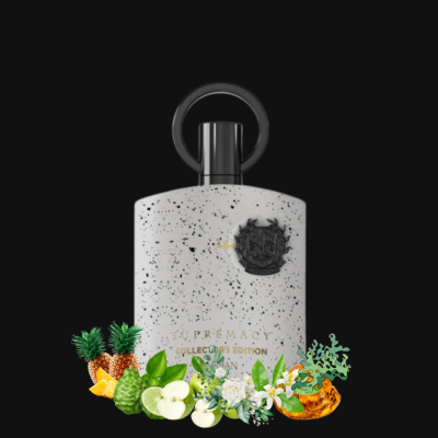 Frasco branco salpicado de preto de perfume Supremacy Collectors Edition Man com frutas e flores.