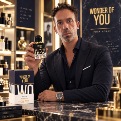 Homem a segurar frasco de perfume masculino Wonder of You, com embalagem azul e dourada, em mesa de mármore preto.